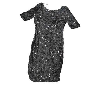 Ark & Co Black Sequin Dress Short Sleeve V-Back Cocktail Mini Size S BD-7948-B